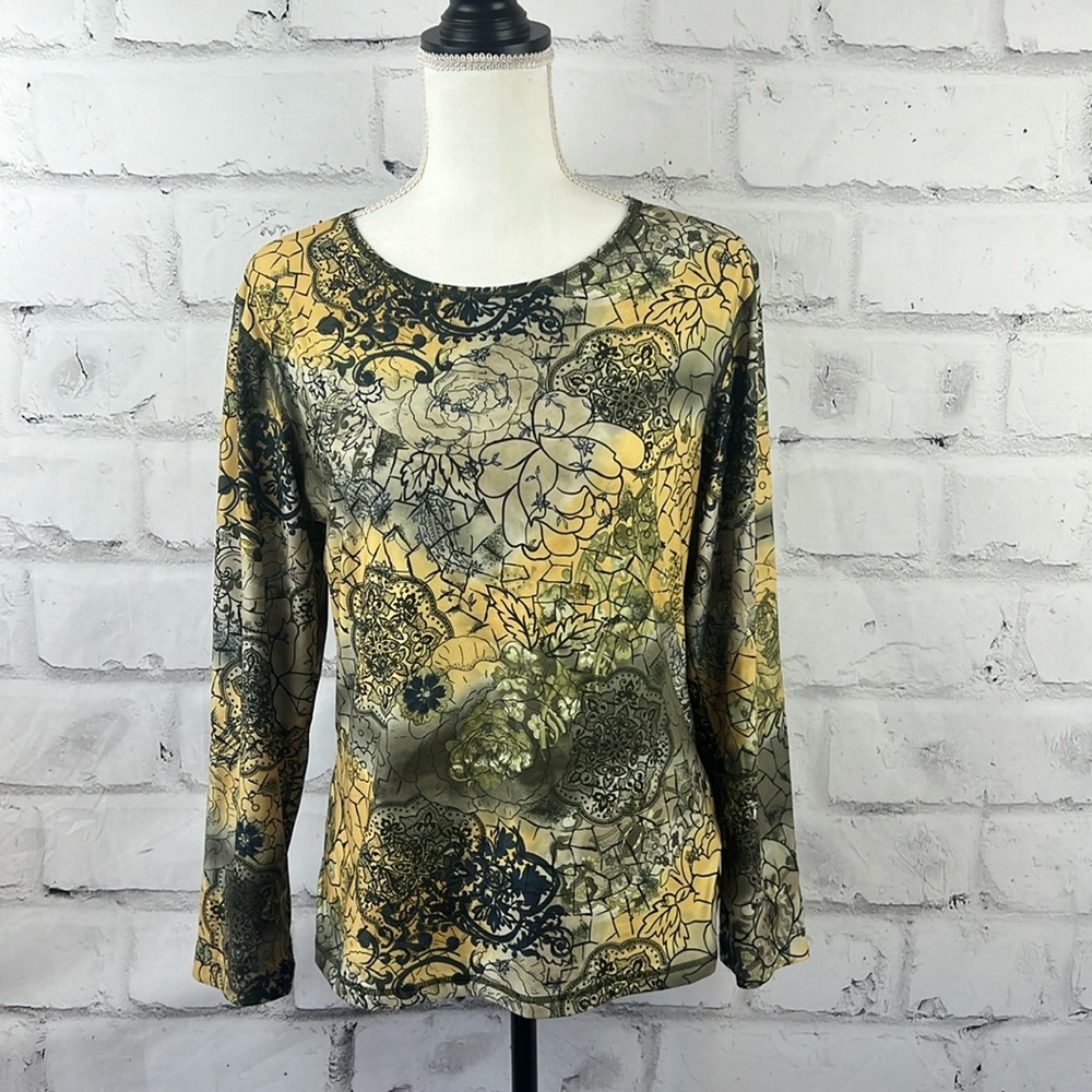 Ojai Long Sleeve Floral Abstract Top Green/Black/Yellow